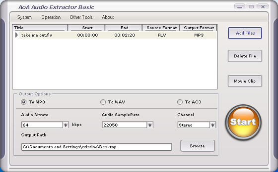 Il pannello di controllo di AoA Audio Extractor