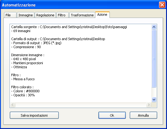 La scheda Azione del comando Automatizzazione in Photofiltre