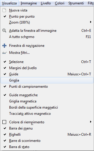 Il comando per visualizzare la griglia in Gimp