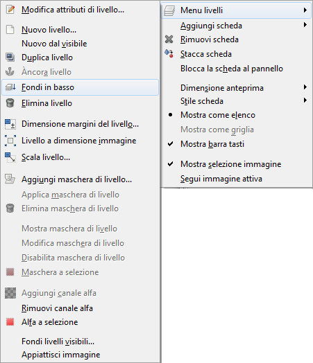 Il comando Fondi in basso in Gimp