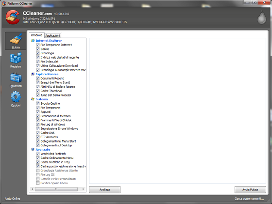 La schermata di CCleaner
