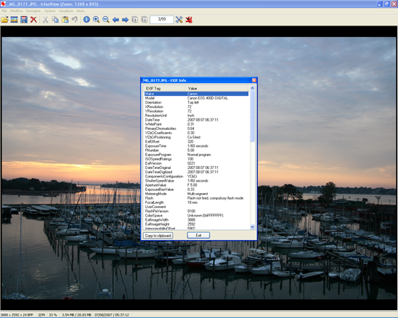 Esempio di dati EXIF visualizzati con IrfanView