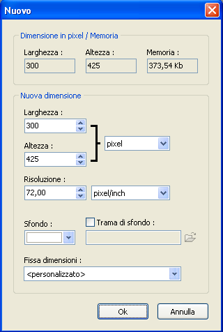 Le impostazioni di un nuovo documento in Photofiltre