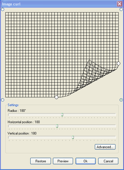 Il pannello di controllo di Image Curl in Photofiltre