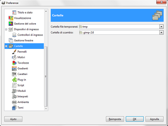Il pannello delle Preferenze in Gimp