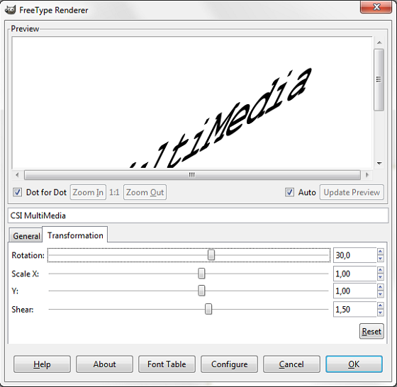 Il controllo delle trasformazioni del testo in Free Type Renderer