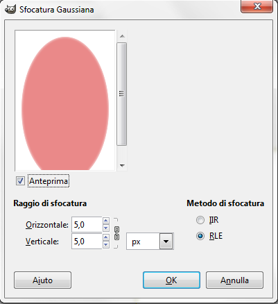 Il pannello della sfocatura gaussiana in Gimp