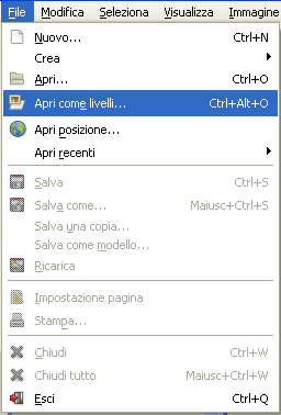 Il comando Apri come livelli in Gimp