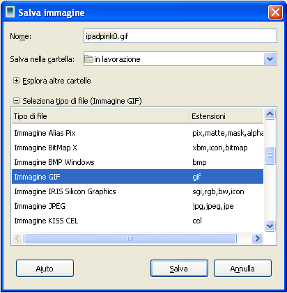 Il pannello Salva come in Gimp