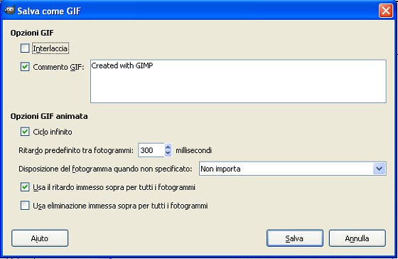 Le impostazioni del file animato in Gimp