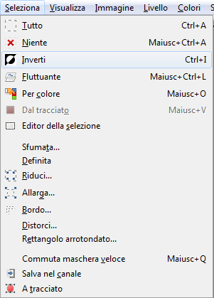 Il comando Inverti per invertire la selezione in Gimp