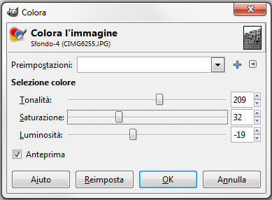 Il pannello di controllo di Tonalità. Saturazione e Luminosità in Gimp