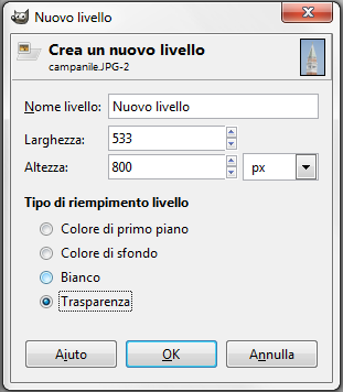 Il pannello di creazione di un nuovo livello in Gimp