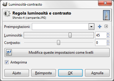 Il pannello per la regolazione di Luminosità e Contrasto in Gimp