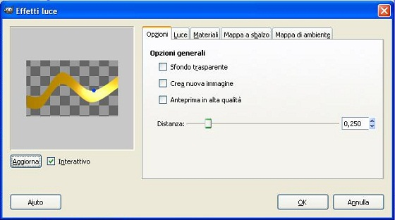 l pannello di controllo degli effetti di luce in Gimp