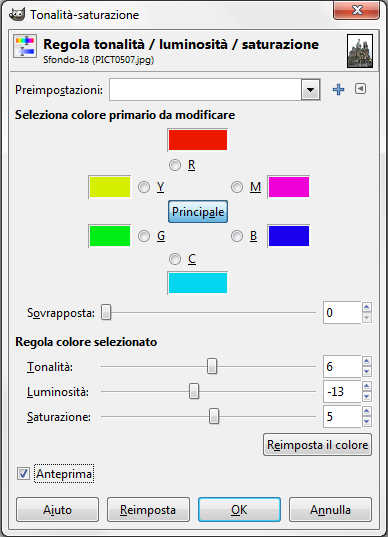 Il controllo di Tonalità e Saturazione in Gimp