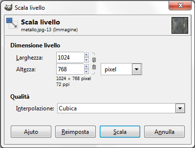 La finestra di impostazione Scala livello di Gimp