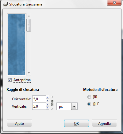 Il pannello di controllo della sfocatura gaussiana in Gimp