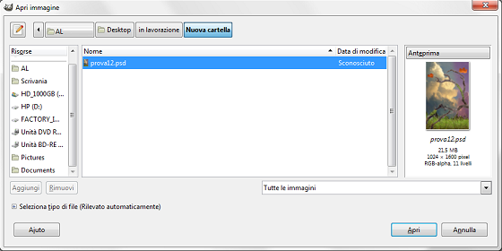 Il pannello di apertura file in Gimp