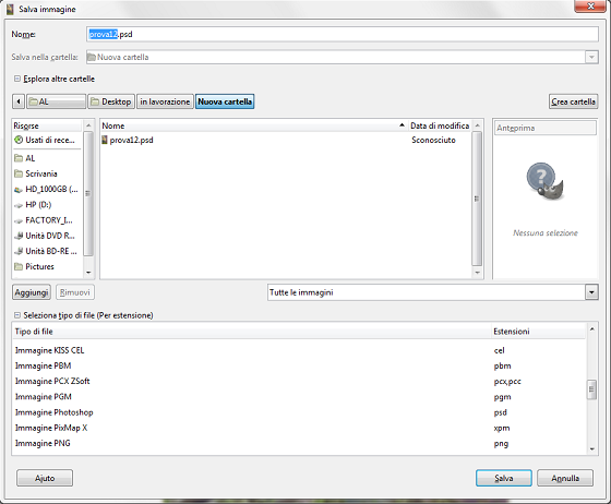 La finestra per il salvataggio dei file in Gimp
