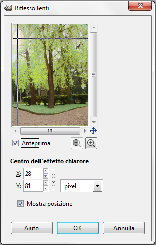 Il pannello del filtro Riflesso lenti in Gimp