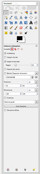 La barra strumenti di Gimp con i controlli per la selezione