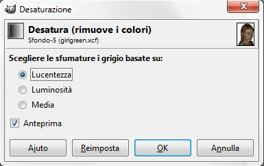 Il pannello di controllo della Desaturazione in Gimp