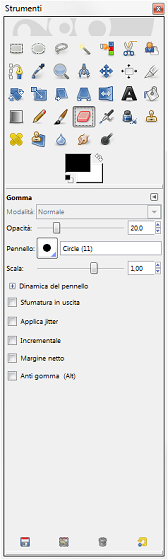 I controlli dello strumento Gomma in Gimp