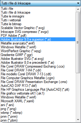 Il formato AI nella lista dei formati di Inkscape