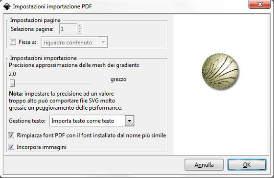 La finestra di caricamento del file AI in Inkscape