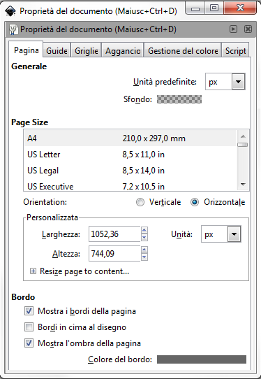 Il pannello di impostazioni del documento in Inkscape