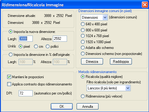 Il pannello per il ridimensionamento dell'immagine di IrfanView