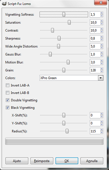 Il pannello di controllo del filtro Lomo in Gimp