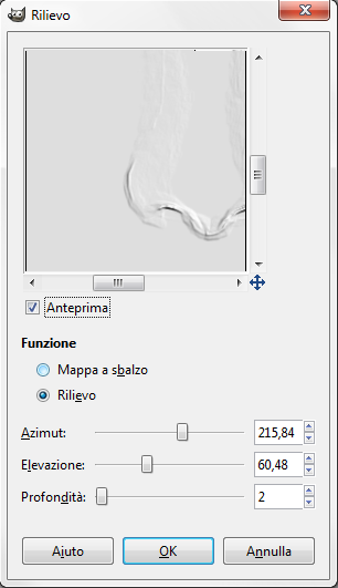 Il pannello di controllo del filtro Rilievo in Gimp