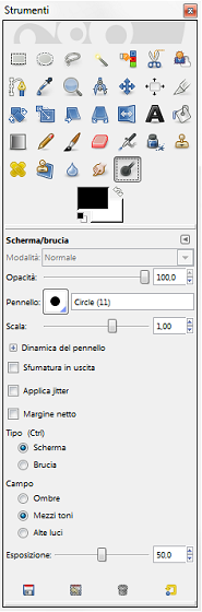 I parametri dello strumento Scherma e Brucia in Gimp