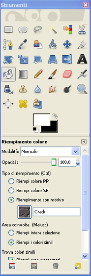 La barra degli strumenti e le regolazioni del Riempimento in Gimp