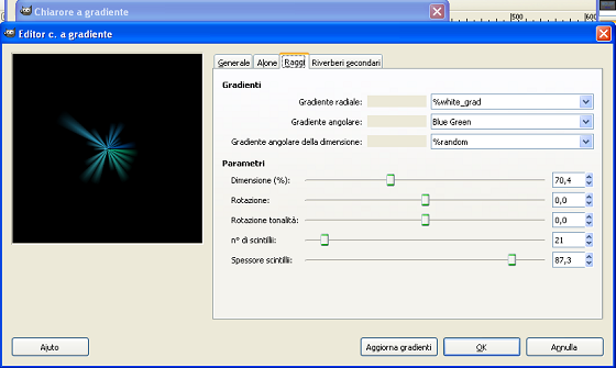 Il pannello di controllo di Chiarore a gradiente in Gimp