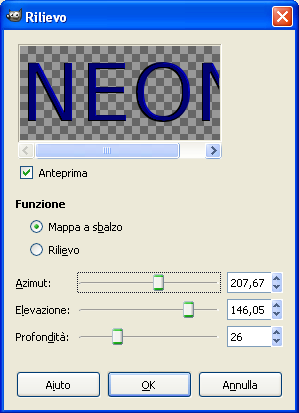 Il pannello del filtro Rilievo in Gimp
