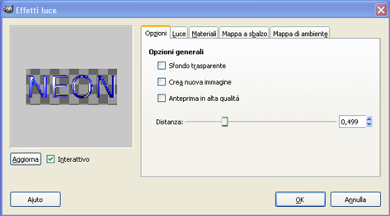 Il pannello di controllo di Effetti di luce in Gimp