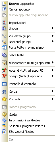 Il menu delle opzioni di PNotes