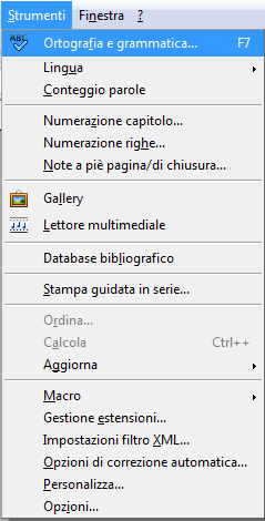 Il comando per la correzione ortografica in Open Office