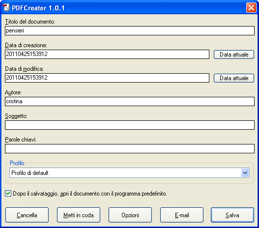 Il pannello di controllo di PDF Creator