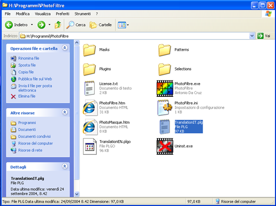 La cartella di Photofiltre con il file di localizzazione in italiano