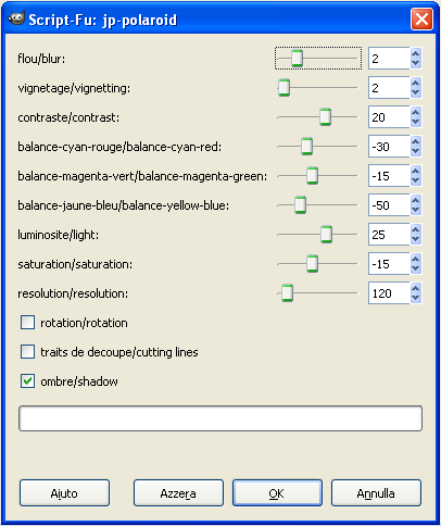 Il pannello di controllo del filtro Polaroid in Gimp