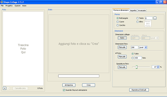 La schermata di apertura di Shape collage