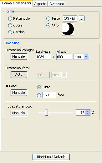 Il pannello Forma e dimensioni in Shape collage