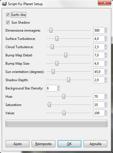 Il filtro Planet Setup per Gimp