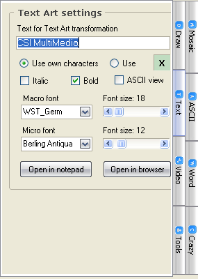 Il pannello di controllo della modalità Text in Textaizer