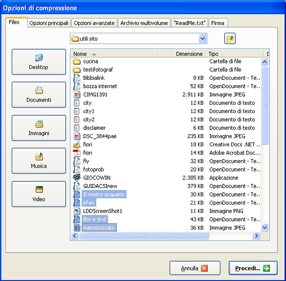 Il pannello Opzioni di compressione in Zip Genius