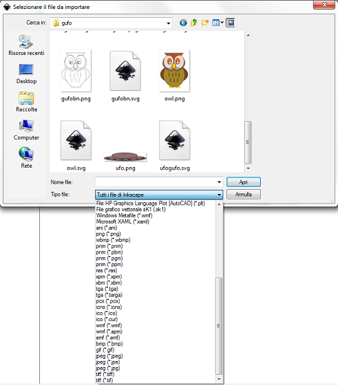 Il pannello per importare file in Inkscape